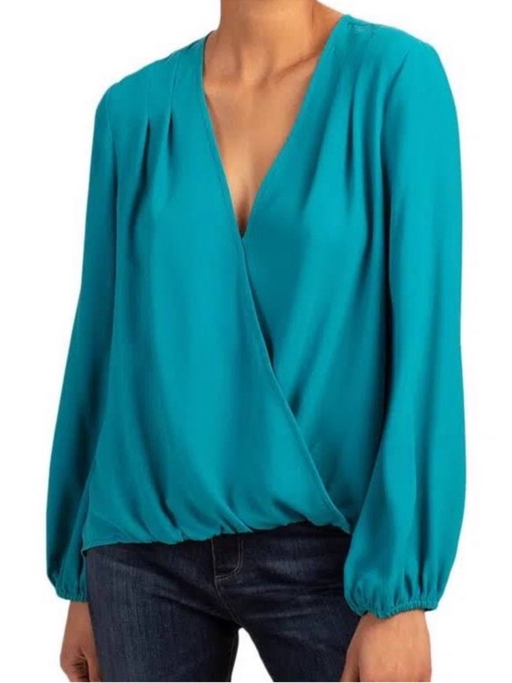 Trina Turk Teal Blue Surplice Long-Sleeve Blouse Bask Top Size Medium